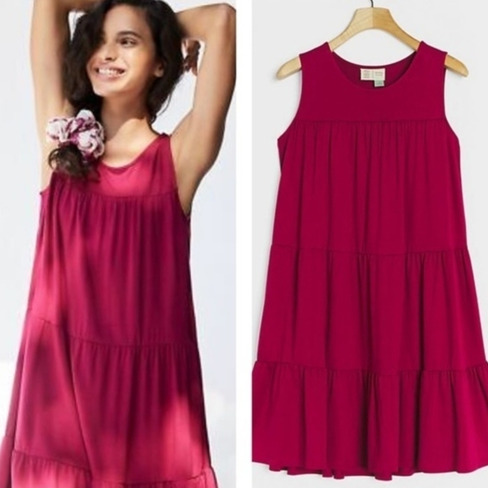 SATURDAY SUNDAY | Sleeveless Barbie Pink Tiered Midi Dress CoverUp Nightgown | M